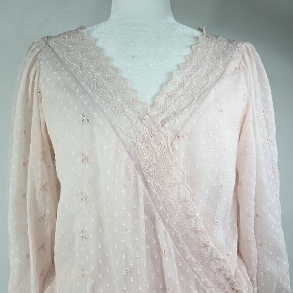 Express Surplice Blush Pink Eyelet Lace Wrap Long Sleeve Bodysuit Top - Picture 7 of 13